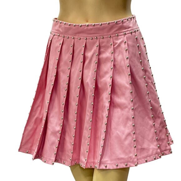 Kiwi Womens Pink Pleated Studded Skirt Faux Leather Mini Size L - Picture 14 of 14